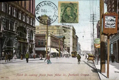 Third St. olhando para o norte a partir de Alder St., Portland, Oregon — No. 488 — Impresso na Alemanha