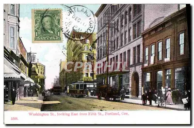Washington St., olhando para o leste a partir da 5ª St., Portland, Ore. — 5509 — Fabricado na Alemanha