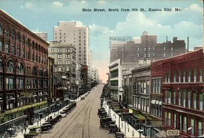 Main Street, South from 9th St., Kansas City, Mo. — vista urbana com trams e edifícios — editor Max Bernstein, n° 18123