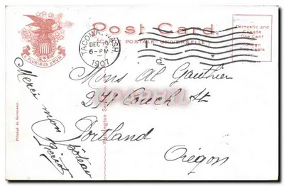 C. Street, Tacoma, Washington — widok miejski z budynkiem z łukami — wydawca nieznany, n° 458 — Rewers