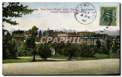 Vue do Wright Park, Tacoma, Washington — Montanhas Olímpicas no fundo — série No. 155, impressa na Alemanha