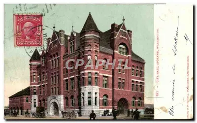 Spokane City Hall — bâtiment en brique rouge avec tourelles — éditeur WARD H. MITCHELL, PUBLISHER, SAN FRANCISCO, n° 481