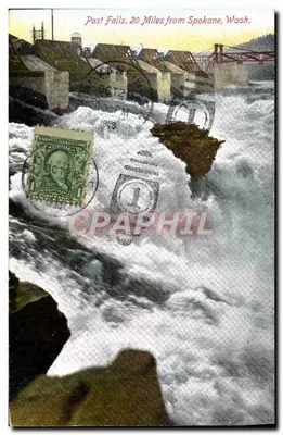 Post Falls, 20 Milhas de Spokane, Wash. — vista das cachoeiras e do ponte — editor Loew W. Weigle, Spokane, Wash.