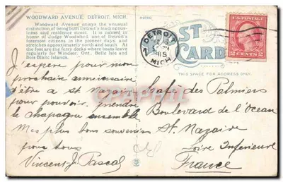 Woodward Avenue, Detroit, Mich. — vue animée avec tramway et véhicules — éditeur ST CARD — Verso