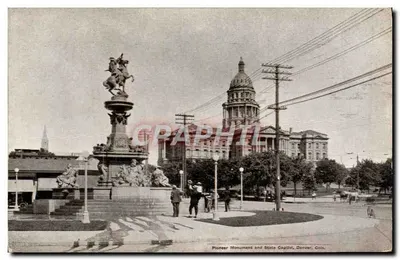 Monument dos Pioneiros e Capitólio Estadual, Denver, Colorado — editor The P. C. Co., n° 437