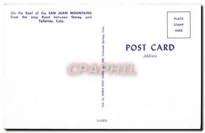 San Juan Mountains — vista da Jeep Road entre Ouray e Telluride, Colorado — Pub. by NOBLE POST CARDS, S-55873 — Verso