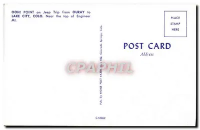 Vista das montanhas nevadas — OOH! POINT no trajeto de Jeep de Ouray para Lake City, Colorado — Pub. by NOBLE POST CARDS, S-55862 — Verso