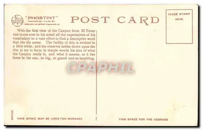 Widok doliny z El Tovar — Grand Canyon National Park, Arizona — Fred Harvey, n° H-1319 — Rewers