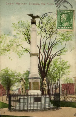 Soldiers Monument, Broadway, New Haven, Conn. — monument commémoratif avec statue d'aigle et deux soldats, éditeur The E.P.J. Co. n° 1435