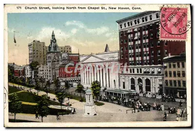 Vue de Church Street, New Haven, Conn. — vue vers le nord depuis Chapel St. — éditeur Morris Berman, n° 6712
