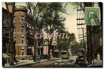 York Street, New Haven, Conn. — vista urbana com bondinho — editor Danziger & Bernson, n° 288