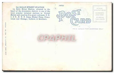 La Salle Street Station, Chicago — editor Kurt Bros. Specialty Co. n° 61 — Verso