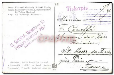 Teatr Miejski w Pradze — Královské Vinohrady — wydawca G. ŠKODA, Praga — Rewers
