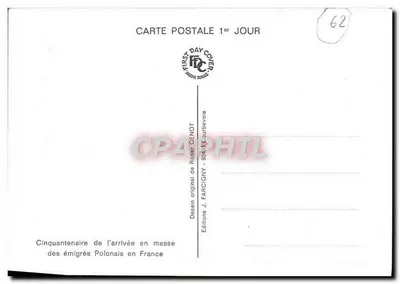 Imigração Polonesa 1921-1923 — Cinquentenário da chegada em massa dos imigrantes Poloneses à França — Desenho original de Roger Genot, Edições J. Farcigny - 9241 Courbevoie — Verso
