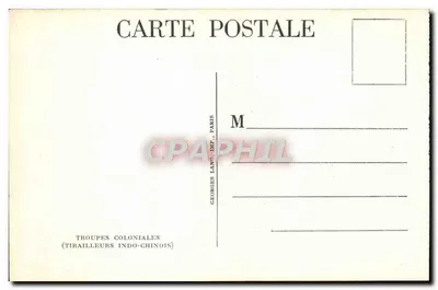 Tropas coloniais (Tirailleurs indo-chineses) — soldados em formação — Georges Lang, Imp. Paris — Verso