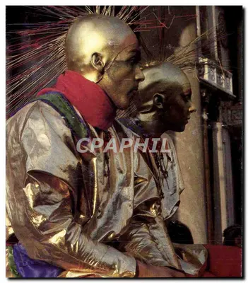 Dwie figury w złocie — detale strojów i fryzur — Suisse Imprimerie, 1987