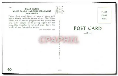 Dunas gigantes — Monumento Nacional White Sands — editor F. J. Schan, n° 11512 — Verso