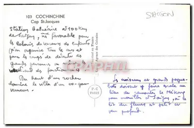 Cap St-Jacques — Estação balnear a 100 km de Saïgon — Impresso na França pela Agência das Colônias — Verso