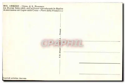 La Regina di Saba — adorazione del Legno della Croce — riproduzione dell'affresco di Piero della Francesca — Editore: F.lli Alinari, Firenze — Verso