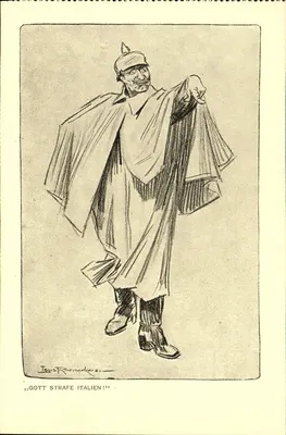 Caricatura de um soldado alemão — 'GOTT STRAFE ITALIEN!' — desenho de Louis Ricmarkers