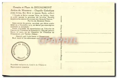 Ossuário e Farol de Douaumont — Traseira do Monumento - Capela Católica — Imprensa Reunidas de Nancy — Verso