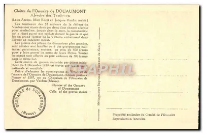 Cloître de l'Ossuaire de Douaumont — ossuaire des tombes — onbekende uitgever, serie-nummer niet zichtbaar — Achterkant