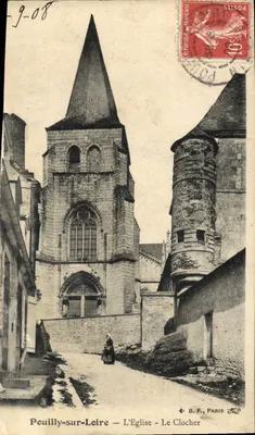 Bilhete postal antigo Pouilly Sur Loire A Igreja A Torre da Igreja