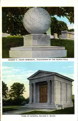 Cemitério Nacional de Arlington — Tumba de Nelson A. Miles, Monumento a Robert E. Peary, Seção da Primeira Guerra Mundial e torres de rádio