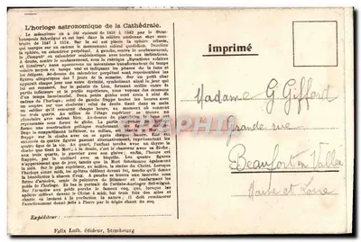 Astronomische klok van de kathedraal — Straatsburg — Gedrukt door Félix Laub — Achterkant