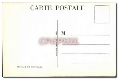 Bivaco em montanha — acampamento militar em um vale alpino — Georges Lang, Paris — Verso