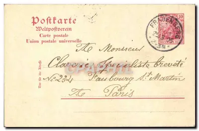 Frauenberg — Karta pocztowa wysłana do Pana Claverie, specjalisty z Paryża — Union postale universelle, n°234 — Rewers
