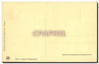 Un hombre anciano y un chico con un tambor — serie 'Tipi e costumi Napoletani' — ed. Leopoldo Schiavone, Napoli — Reverso