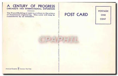 Budynek podróży w nocy — Międzynarodowa Wystawa w Chicago 1934 — American Colortype, Chicago-New York, nr X-183 — Rewers