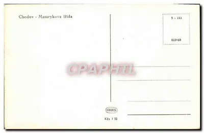 Chodov - Masarykova třída — widok ulicy z kościołem na tle — wydawca ORBIS, n° 5-233 — Rewers