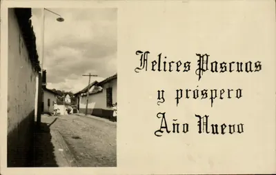 Vista de uma rua colonial — Carta de boas-vindas para as Páscoas e o Ano Novo — editor não visível