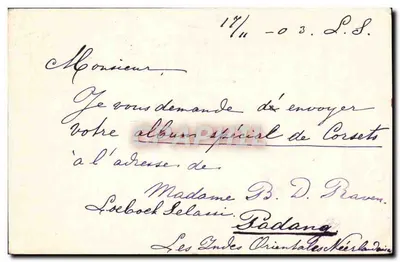 Postcard of the Dutch East Indies — Algèmeene Postvereeniging — destined for Paris — Back