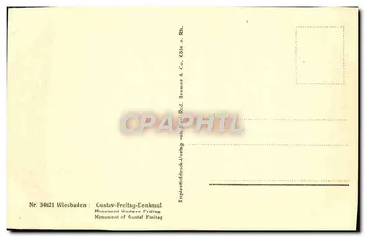Wiesbaden, pomnik Gustava Freitag — pomnik kamienno-sztukatorski z centralną statuą i dwiema statuami bocznymi — wydawca Kupferstich-Verlag von Rud. Bremer & Co. Köln a. Rh. — Rewers