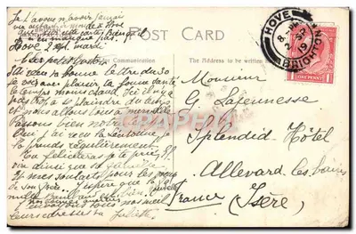 Bilhete postal antigo Hove Lawns And West Pier — Verso