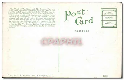 Tumba de Washington, Mt. Vernon, Va. — editor W. B. Garrison, Inc., n° 1502 — Verso