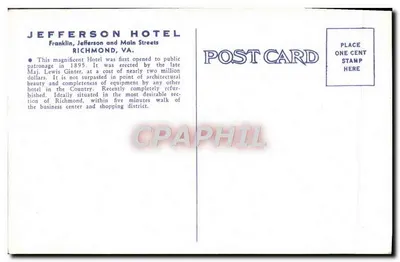 Hotel Jefferson, Franklin Street, Richmond, VA. — Editor desconhecido, n° de série 53180 — Verso