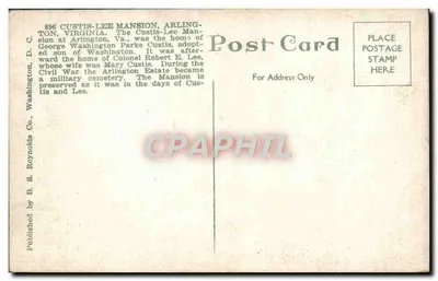 Mansão Custis-Lee, Arlington, Va. — Editora B. S. Reynolds Co., n° 896 — Verso