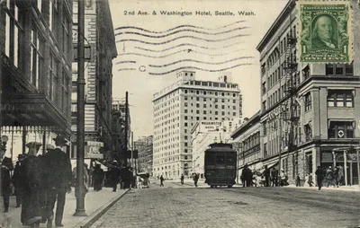 2nd Ave. & Washington Hotel, Seattle, Wash. — vista urbana com trêmio — editor Excelsior, n° B.530