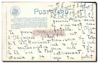 Memorial de Lincoln a partir do outro lado do Potomac — Washington, D.C. — E.L. Crandall — Verso