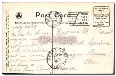Grupo de Edifícios Governamentais dos Estados Unidos e Cataratas — Exposição Alaska-Yukon-Pacific, Seattle 1909 — Portland Post Card Co. — Verso