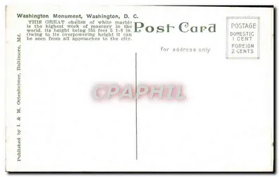 Monumento de Washington, Washington, D.C. — vista em cor — Publicado por I. & M. Ottenheimer, Md. — Verso