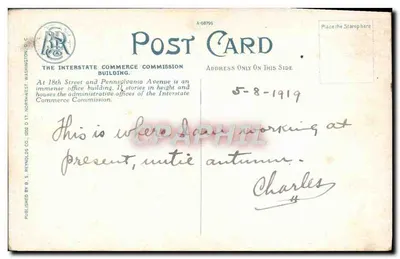 Budynek Komisji Handlu Międzynarodowego — Washington, D.C. — Wydane przez firmę B. S. Reynolds Co. — Rewers