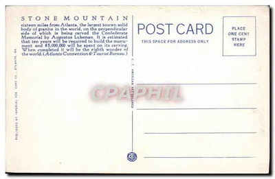 Monte Stone com monumento confederado — Atlanta, GA — C.T. American Art Co. n°106381 — Verso