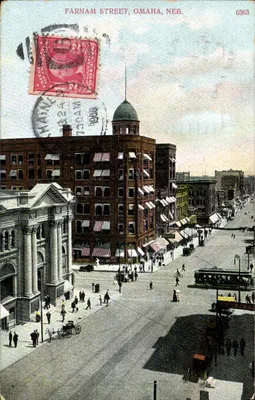 Farnam Street, Omaha, Neb. — vista urbana com tramway — editor Ar C. Roseman & Co., n° 6563
