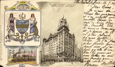 Filadélfia — Estação de Broad Street, Pennsylvania Railroad — editor Raphael Tuck & Sons, n° 5022