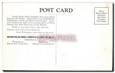 United States Naval Academy — Annapolis — publisher Washington, Baltimore & Annapolis Electric Railroad Co. — Back